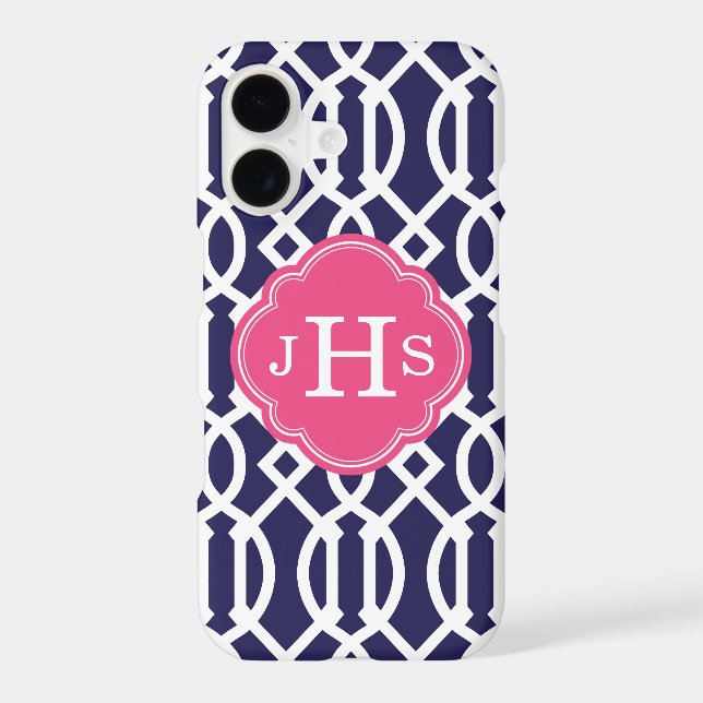 Navy Blue & Pink Modern Trellis Monogram (Back)