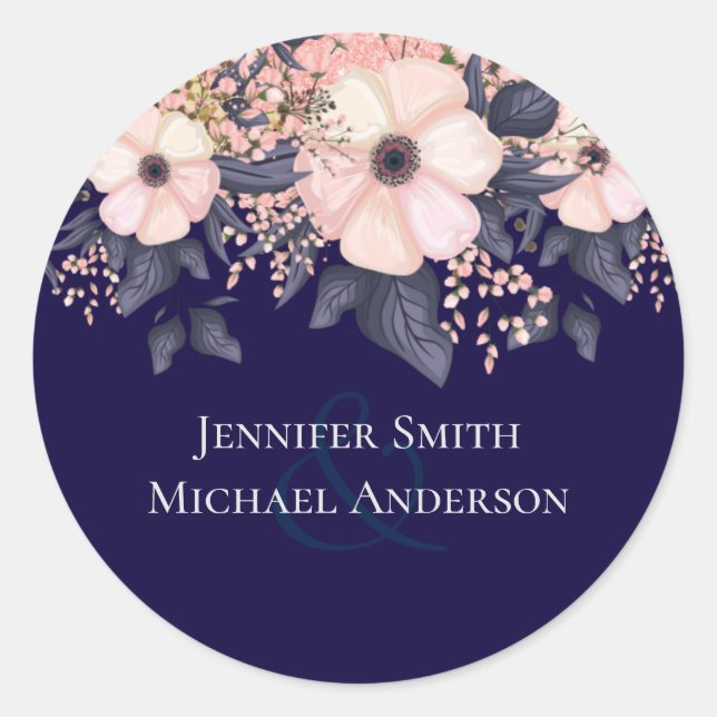 Navy Blue Pink Modern Wedding Budget Classic Round Sticker (Front)