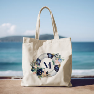 Navy Blue Pink Monogram Floral Nautical Bridesmaid Tote Bag