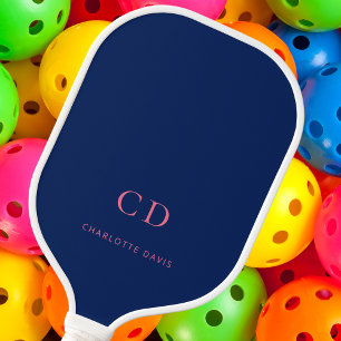 Navy blue pink monogram initials name pickleball paddle