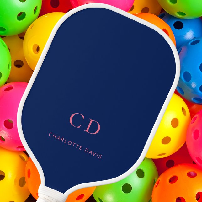 Navy blue pink monogram initials name pickleball paddle (Creator Uploaded)