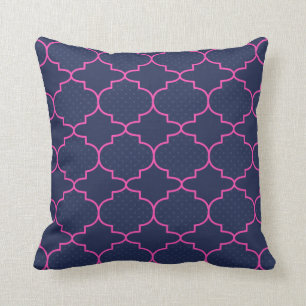 Navy Blue Pink Moroccan Pattern With Polka Dots Cushion