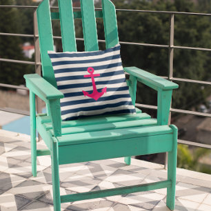 Navy Blue Pink Nautical Anchor Stripes Cushion