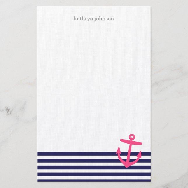 Navy Blue & Pink Nautical Stripes and Cute Anchor Stationery (Front)
