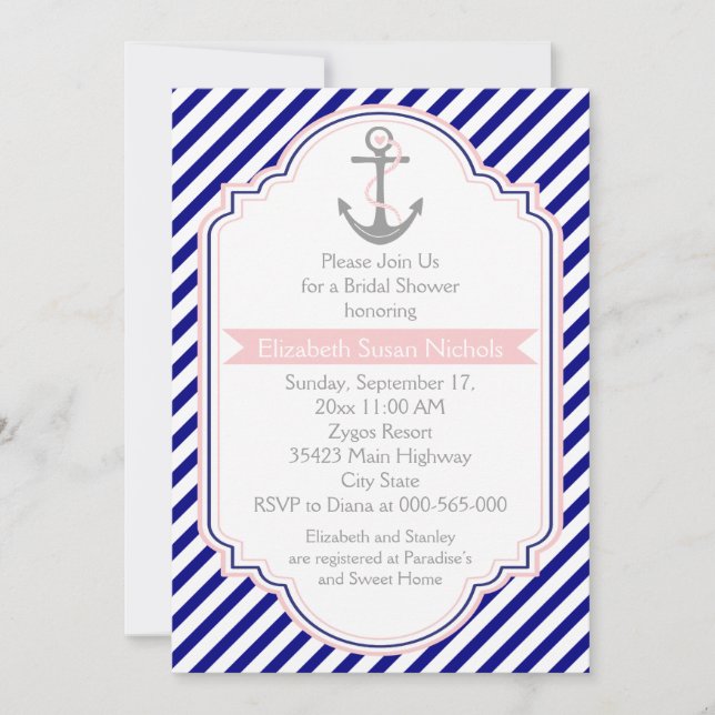 Navy blue, pink nautical wedding bridal shower invitation (Front)