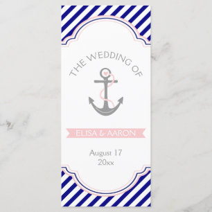 Navy blue, pink nautical wedding program programme
