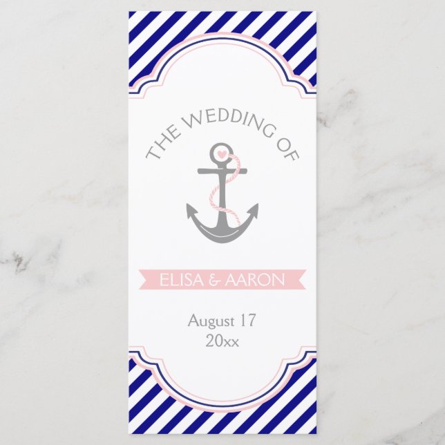 Navy blue, pink nautical wedding program programme (Front)