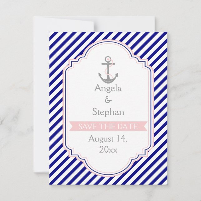 Navy blue, pink nautical wedding Save the Date Invitation (Front)