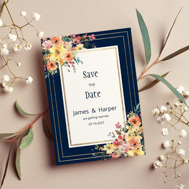 Navy blue pink orange gold floral Save the Date Invitation (Navy blue pink orange gold floral Save the Date)