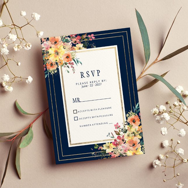 Navy blue pink orange gold floral spring RSVP Invitation (Navy blue pink orange gold floral spring RSVP)