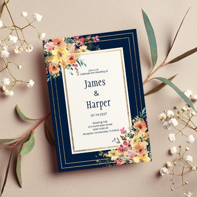 Navy blue pink orange gold floral spring Wedding  Invitation (Navy blue pink orange gold floral spring Wedding )