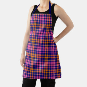 Navy Blue Pink Orange Plaid Tartan Design Apron
