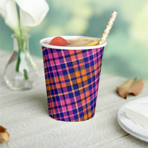 Navy Blue Pink Orange Plaid Tartan Design Paper Cups