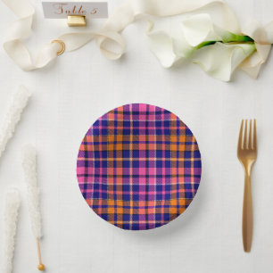 Navy Blue Pink Orange Plaid Tartan Design Paper Plate