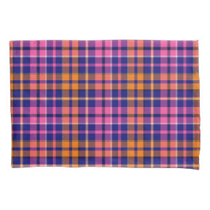 Navy Blue Pink Orange Plaid Tartan Design Pillowcase