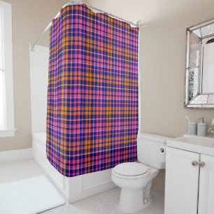 Navy Blue Pink Orange Plaid Tartan Design  Shower Curtain