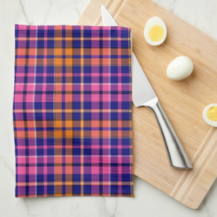 Navy Blue Pink Orange Plaid Tartan Design  Tea Towel