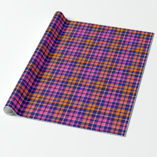 Navy Blue Pink Orange Plaid Tartan Design Wrapping Paper
