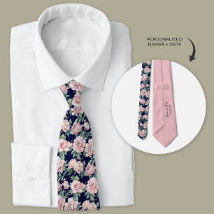 Navy Blue Pink Peony Floral Groomsmen  Tie