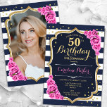Navy Blue Pink Photo 50th Birthday Invitation<br><div class="desc">Elegant floral feminine 50th birthday invitation with your photo at the back of the card. Glam navy white pink design with faux glitter gold. Features navy blue and white stripes, baby pink roses, script font and confetti. Perfect for a stylish adult bday celebration party. Personalise with your own details. Can...</div>