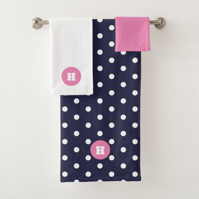 Navy Blue Pink Polka Dot Monogram Bath Towel Set (Insitu)