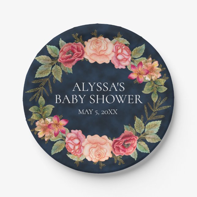 Navy Blue Pink Red Floral Custom Baby Shower Paper Plate (Front)