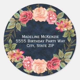 Navy Blue Pink Red Floral Envelope Address Sticker