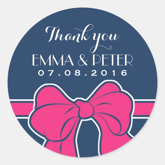 Navy Blue Pink Ribbon Wedding Thank You Sticker (Front)