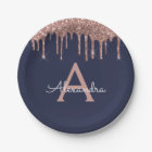 Navy Blue Pink Rose Gold Glitter Monogram Birthday