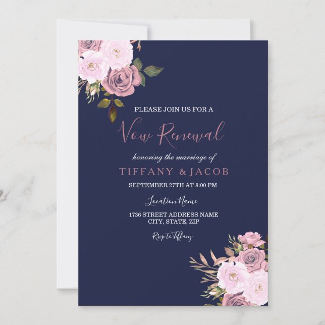 Navy Blue Pink & Rose Vow Renewal Invite (Front)