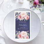 Navy blue pink roses florals elegant birthday napkin<br><div class="desc">Personalise and add a date,  name and age.  A navy blue coloured background,  the blue colour is uneven.  Decorated with pink watercolored roses,  florals.</div>