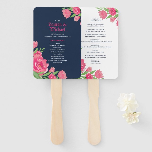 Navy Blue Pink Roses Flower Bouquet Floral Wedding Hand Fan (Front and Back)