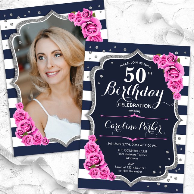 Navy Blue Pink Silver Photo 50th Birthday Invitation (Creator Uploaded)