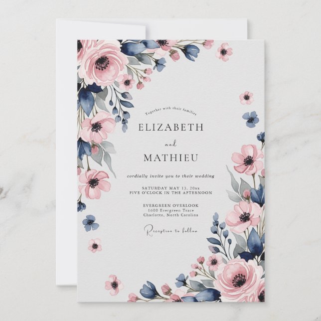 Navy Blue Pink Sophisticated Spring Wedding Invitation (Front)