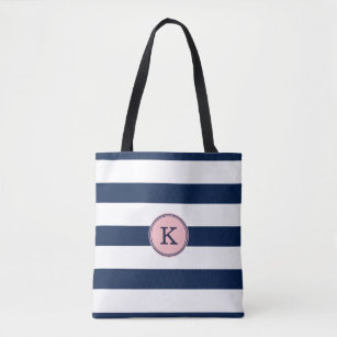 Navy Blue Pink Striped Monogram Tote Bag