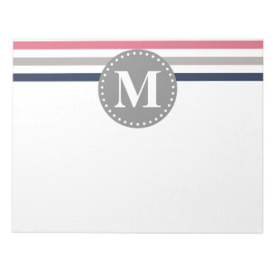 Navy Blue Pink Striped Pattern Monogram Notepad