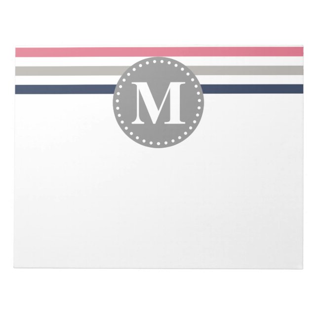 Navy Blue Pink Striped Pattern Monogram Notepad (Front)