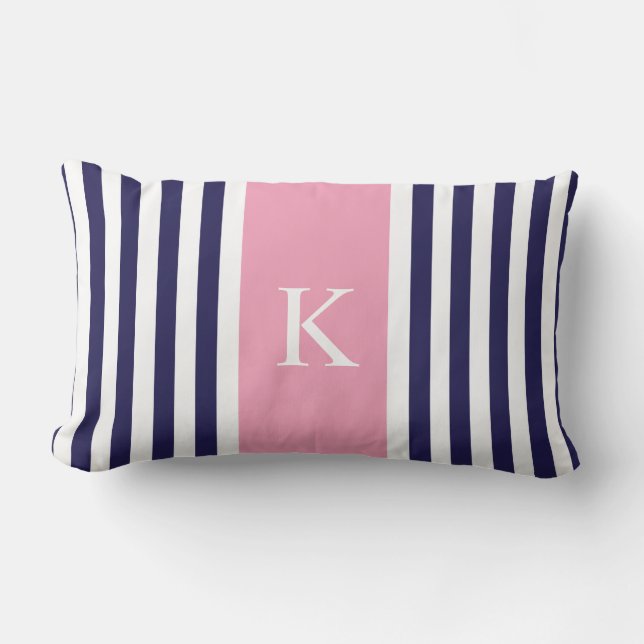 Navy Blue Pink Stripes Monogram Lumbar Cushion (Front)