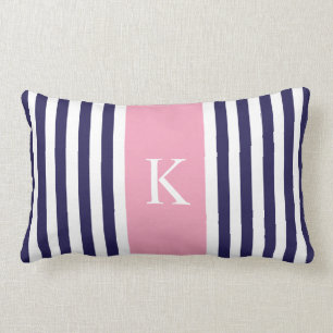 Navy Blue Pink Stripes Monogram Lumbar Cushion