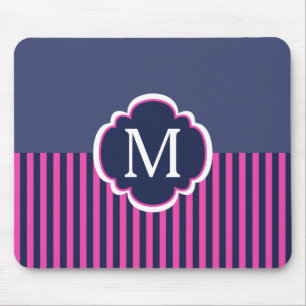 Navy Blue Pink Stripes Monogram Mouse Pad