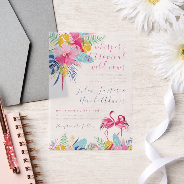 Navy Blue Pink Tropical Wild Rain Forest Wedding Vellum Invitations (Wedding)