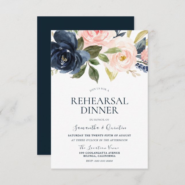 Navy Blue Pink Watercolor Floral Rehearsal Dinner Invitation (Front/Back)