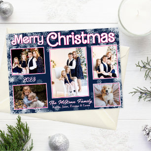 Navy Blue   Pink   White Snowflakes Holiday Card