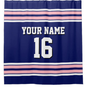 Navy Blue Pink White Stripes Sports Jersey Shower Curtain