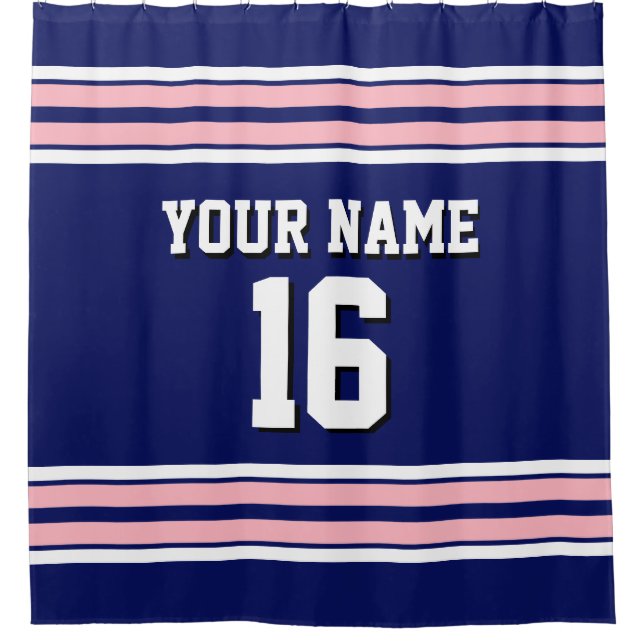 Navy Blue Pink White Stripes Sports Jersey Shower Curtain (Front)