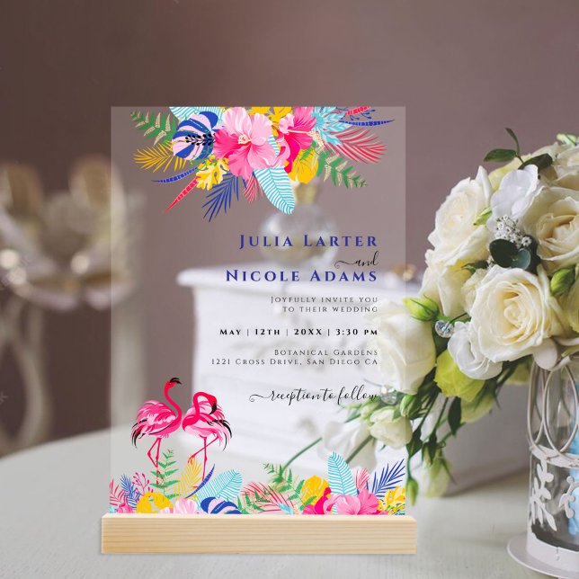 Navy Blue Pink Wild Rain Forest Evergreen Wedding Acrylic Invitations (Creator Uploaded)
