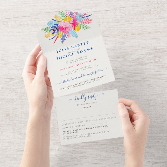 Navy Blue Pink Wild Rain Forest Evergreen Wedding All In One Invitation (Tearaway)