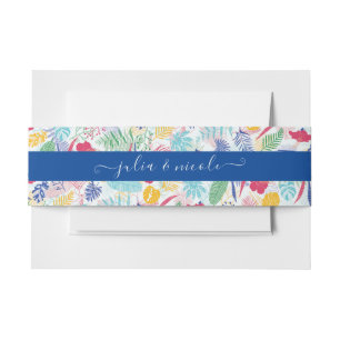 Navy Blue Pink Wild Rain Forest Evergreen Wedding Invitation Belly Band