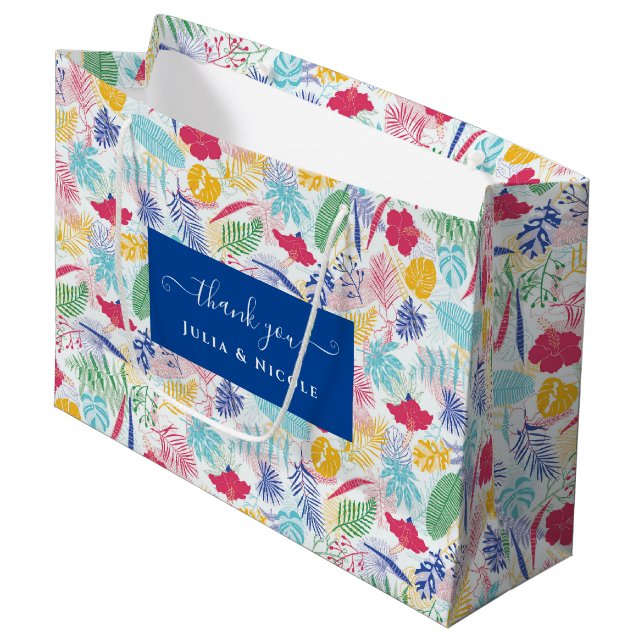 Navy Blue Pink Wild Rain Forest Evergreen Wedding Large Gift Bag (Front Angled)