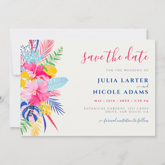 Navy Blue Pink Wild Rain Forest Evergreen Wedding Save The Date (Front)